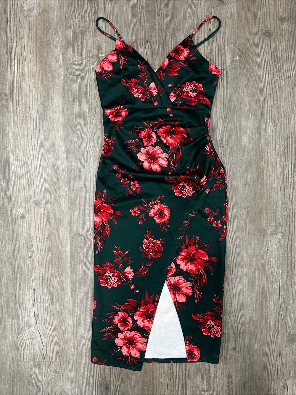 Spaghetti Strap Floral Midi Dress in Dark Green with Red Bloom